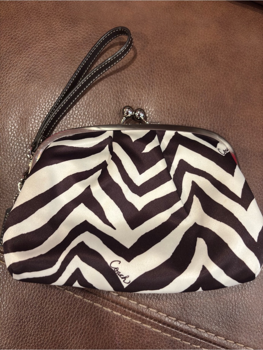Coach Zebra Framed Kisslock Large Beige/Mahongany Satin Wristlet F42988